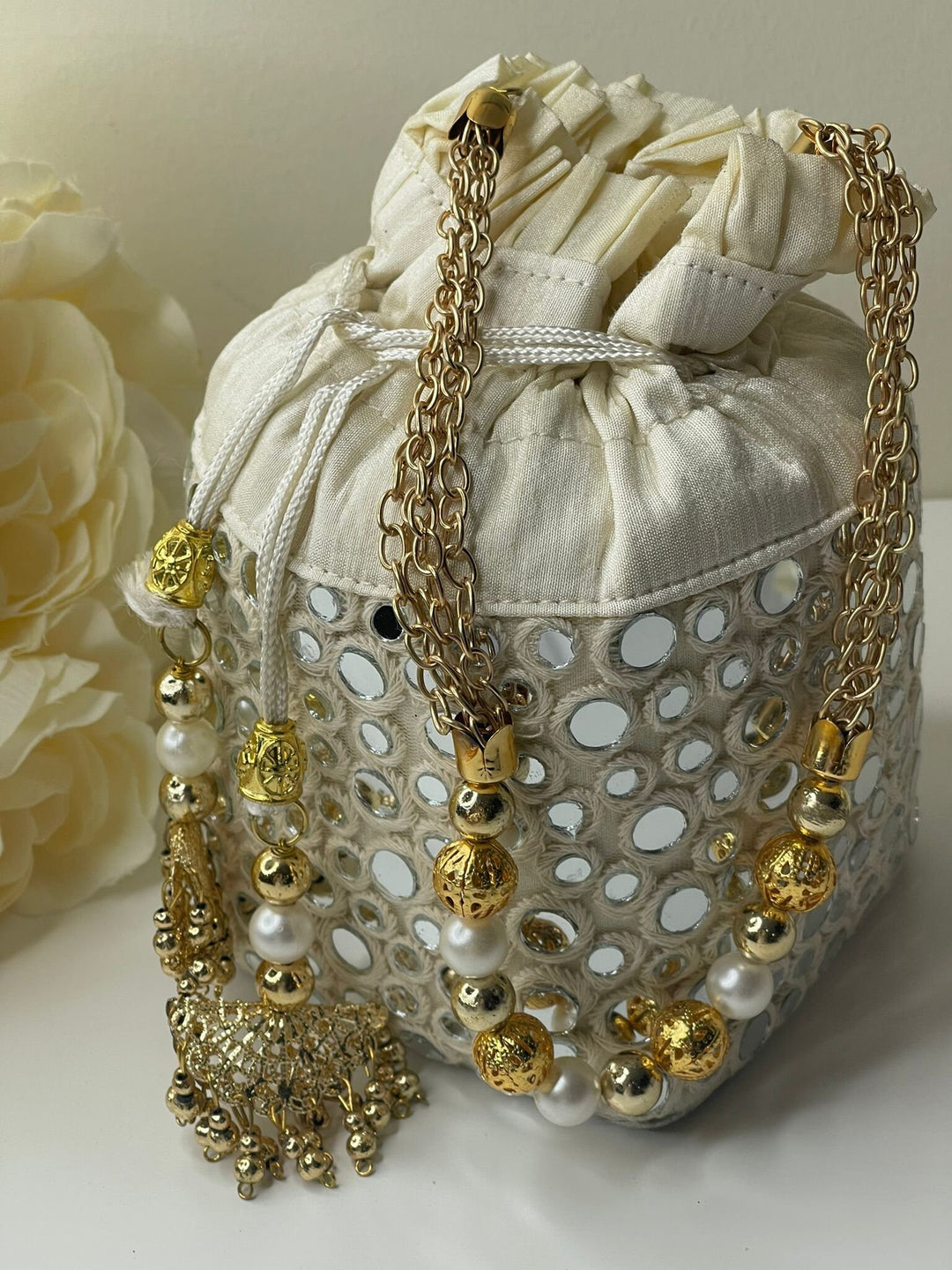 Luxurious Pearl & Glass Bead Embellish Bridesmaid Wedding Purse | Hand Embroidered Evening Drawstring Purse for Woman