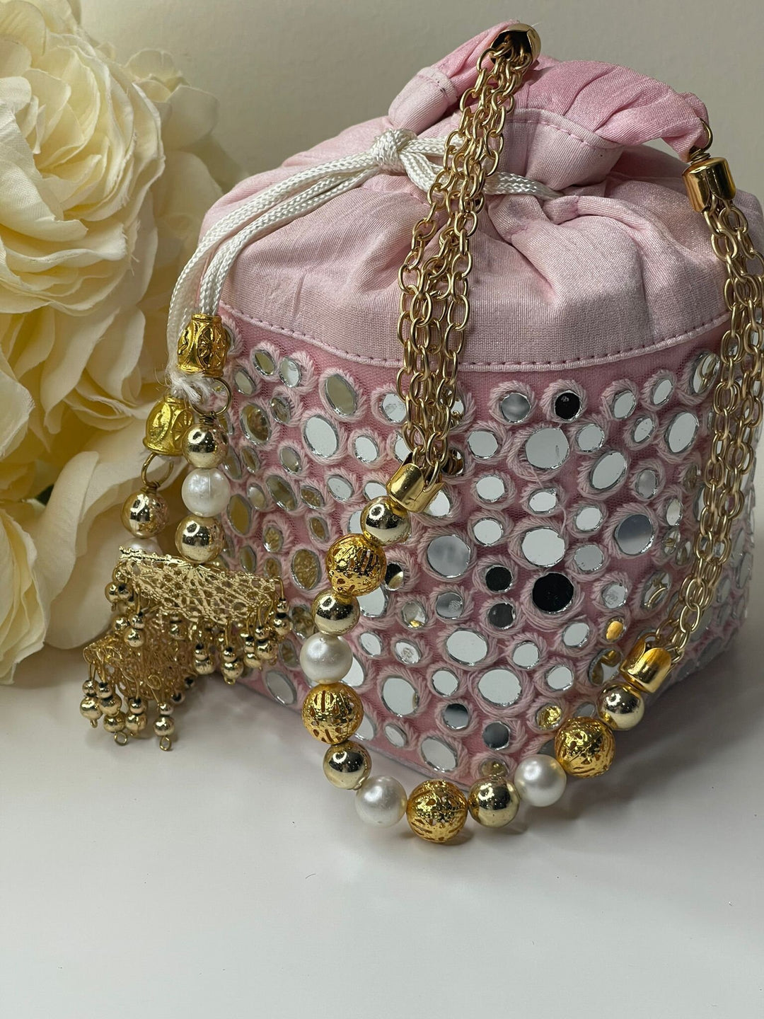 Luxurious Pearl & Glass Bead Embellish Bridesmaid Wedding Purse | Hand Embroidered Evening Drawstring Purse for Woman