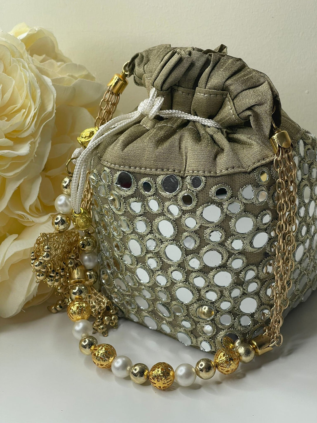 Luxurious Pearl & Glass Bead Embellish Bridesmaid Wedding Purse | Hand Embroidered Evening Drawstring Purse for Woman