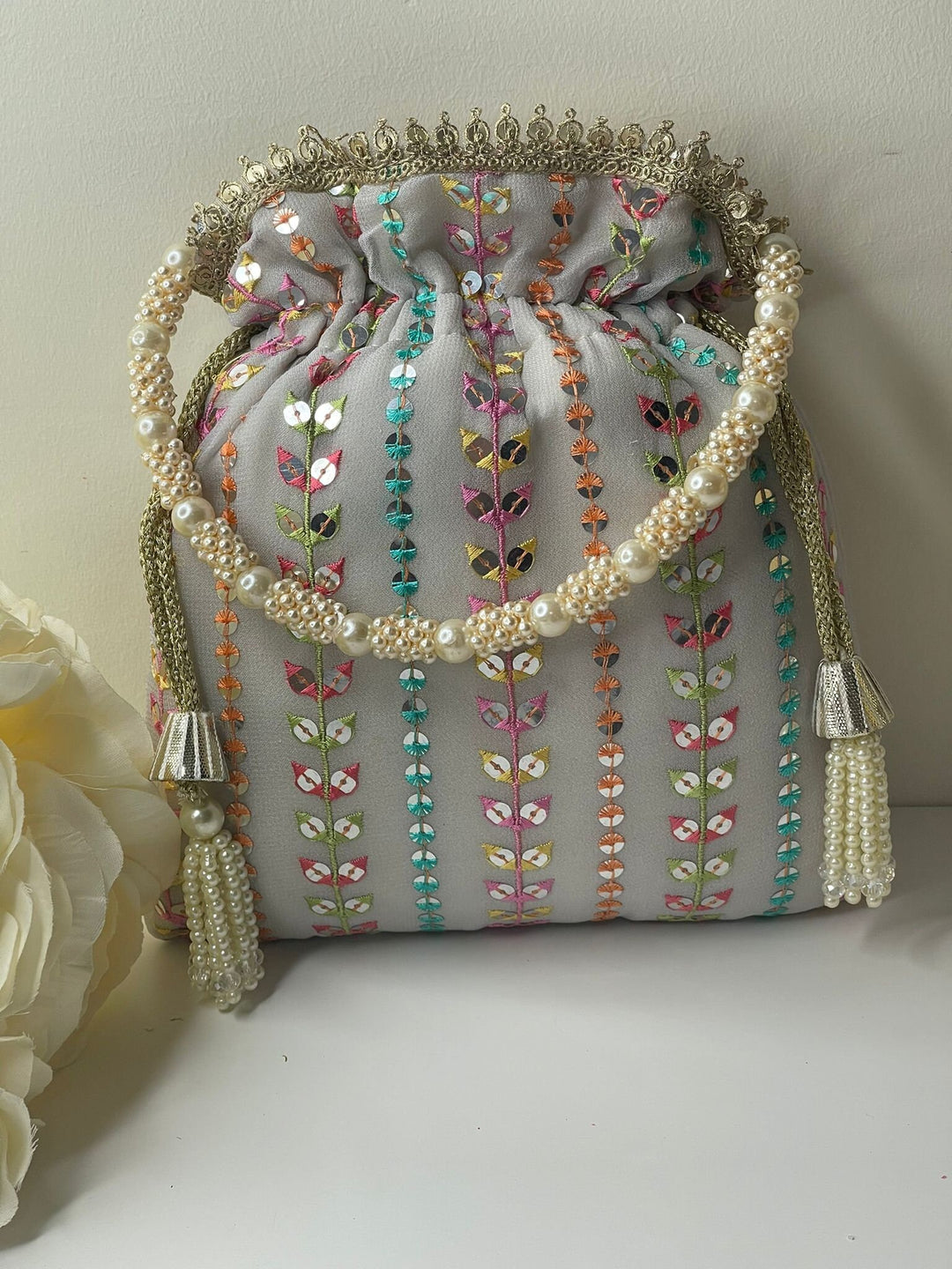 Luxurious Pearl & Glass Bead Embellish Bridesmaid Wedding Purse | Hand Embroidered Evening Drawstring Purse for Woman