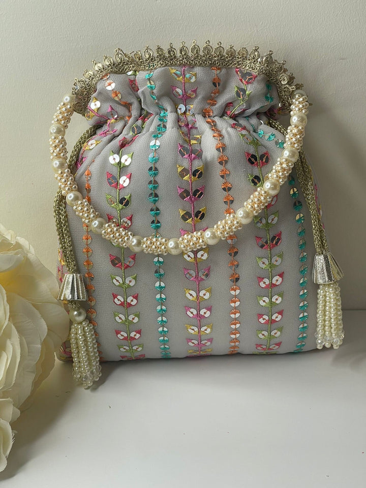 Luxurious Pearl & Glass Bead Embellish Bridesmaid Wedding Purse | Hand Embroidered Evening Drawstring Purse for Woman