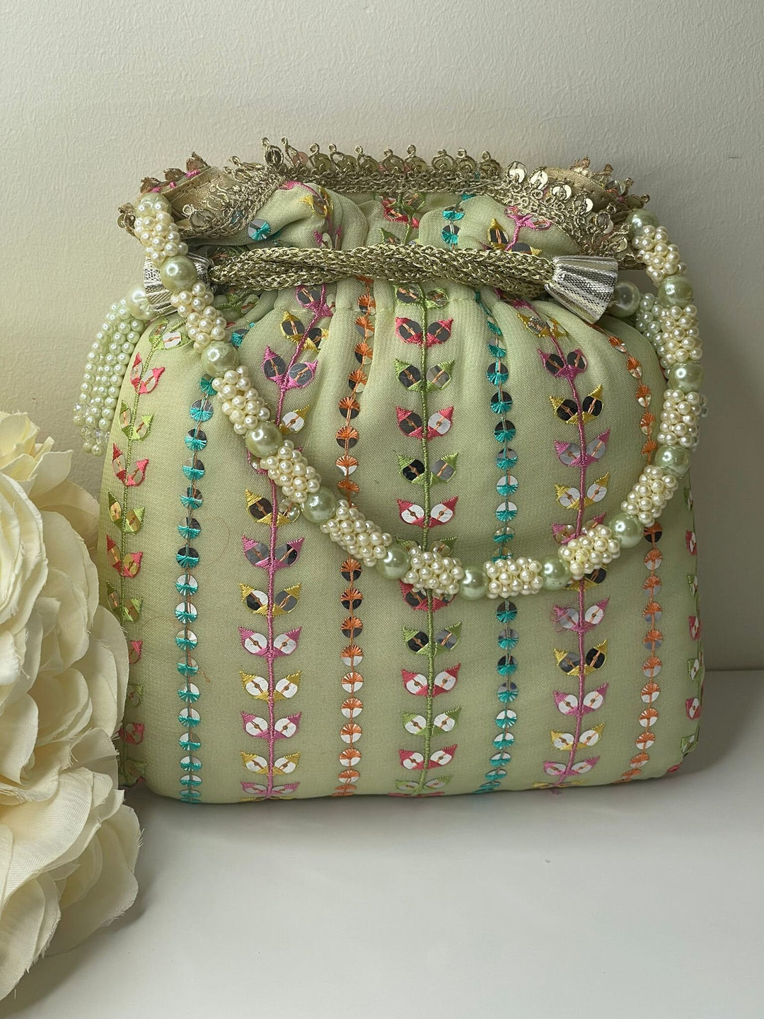 Luxurious Pearl & Glass Bead Embellish Bridesmaid Wedding Purse | Hand Embroidered Evening Drawstring Purse for Woman
