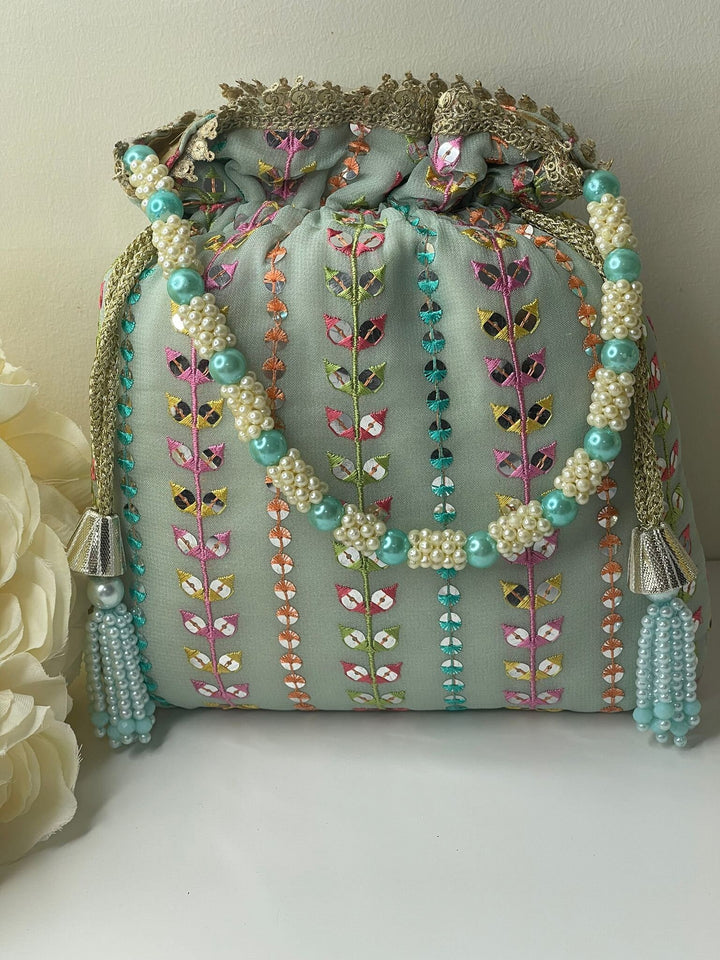 Luxurious Pearl & Glass Bead Embellish Bridesmaid Wedding Purse | Hand Embroidered Evening Drawstring Purse for Woman