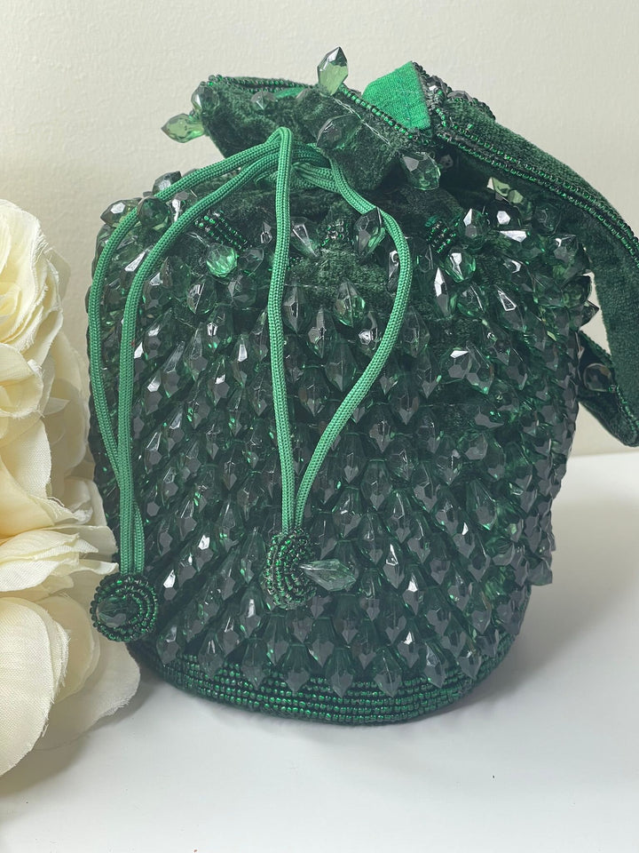 Luxurious Pearl & Glass Bead Embellish Bridesmaid Wedding Purse | Hand Embroidered Evening Drawstring Purse for Woman