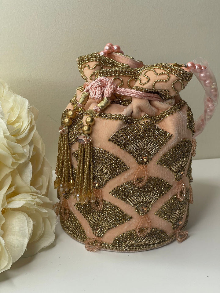 Luxurious Pearl & Glass Bead Embellish Bridesmaid Wedding Purse | Hand Embroidered Evening Drawstring Purse for Woman