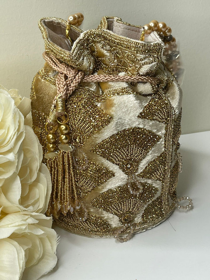 Luxurious Pearl & Glass Bead Embellish Bridesmaid Wedding Purse | Hand Embroidered Evening Drawstring Purse for Woman