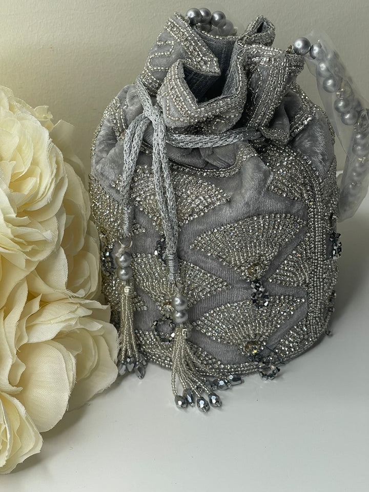 Luxurious Pearl & Glass Bead Embellish Bridesmaid Wedding Purse | Hand Embroidered Evening Drawstring Purse for Woman