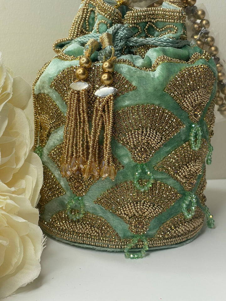 Luxurious Pearl & Glass Bead Embellish Bridesmaid Wedding Purse | Hand Embroidered Evening Drawstring Purse for Woman