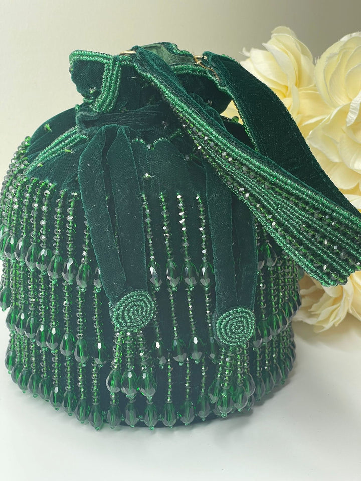 Luxurious Pearl & Glass Bead Embellish Bridesmaid Wedding Purse | Hand Embroidered Evening Drawstring Purse for Woman