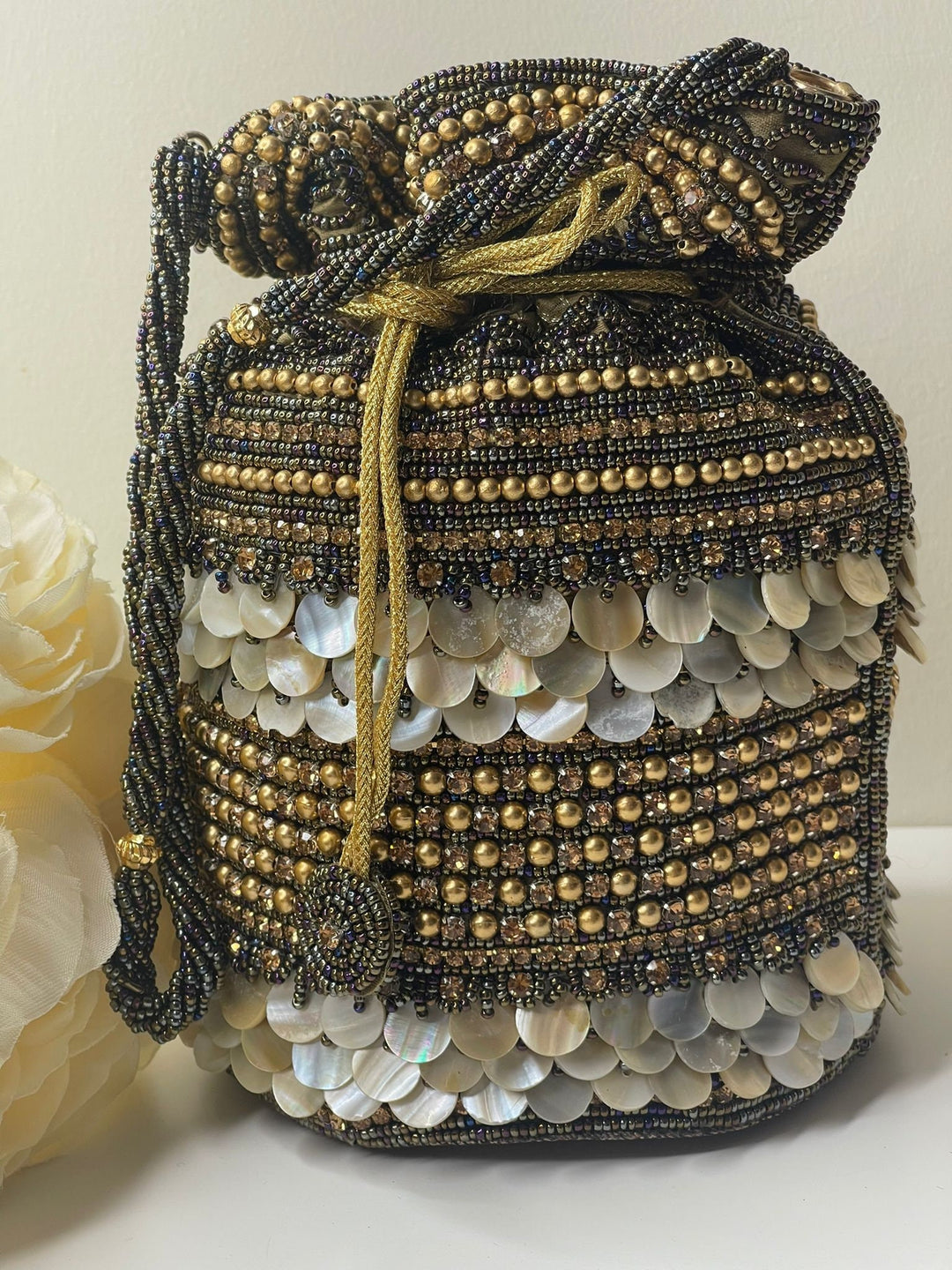 Luxurious Pearl & Glass Bead Embellish Bridesmaid Wedding Purse | Hand Embroidered Evening Drawstring Purse for Woman