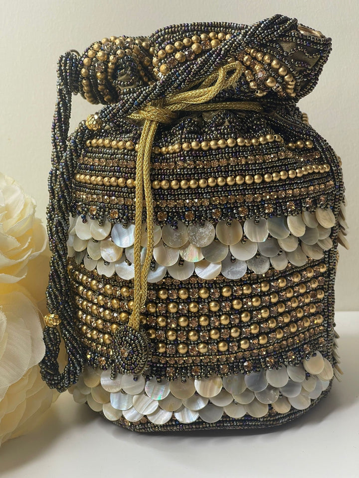 Luxurious Pearl & Glass Bead Embellish Bridesmaid Wedding Purse | Hand Embroidered Evening Drawstring Purse for Woman