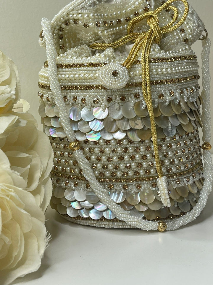 Luxurious Pearl & Glass Bead Embellish Bridesmaid Wedding Purse | Hand Embroidered Evening Drawstring Purse for Woman