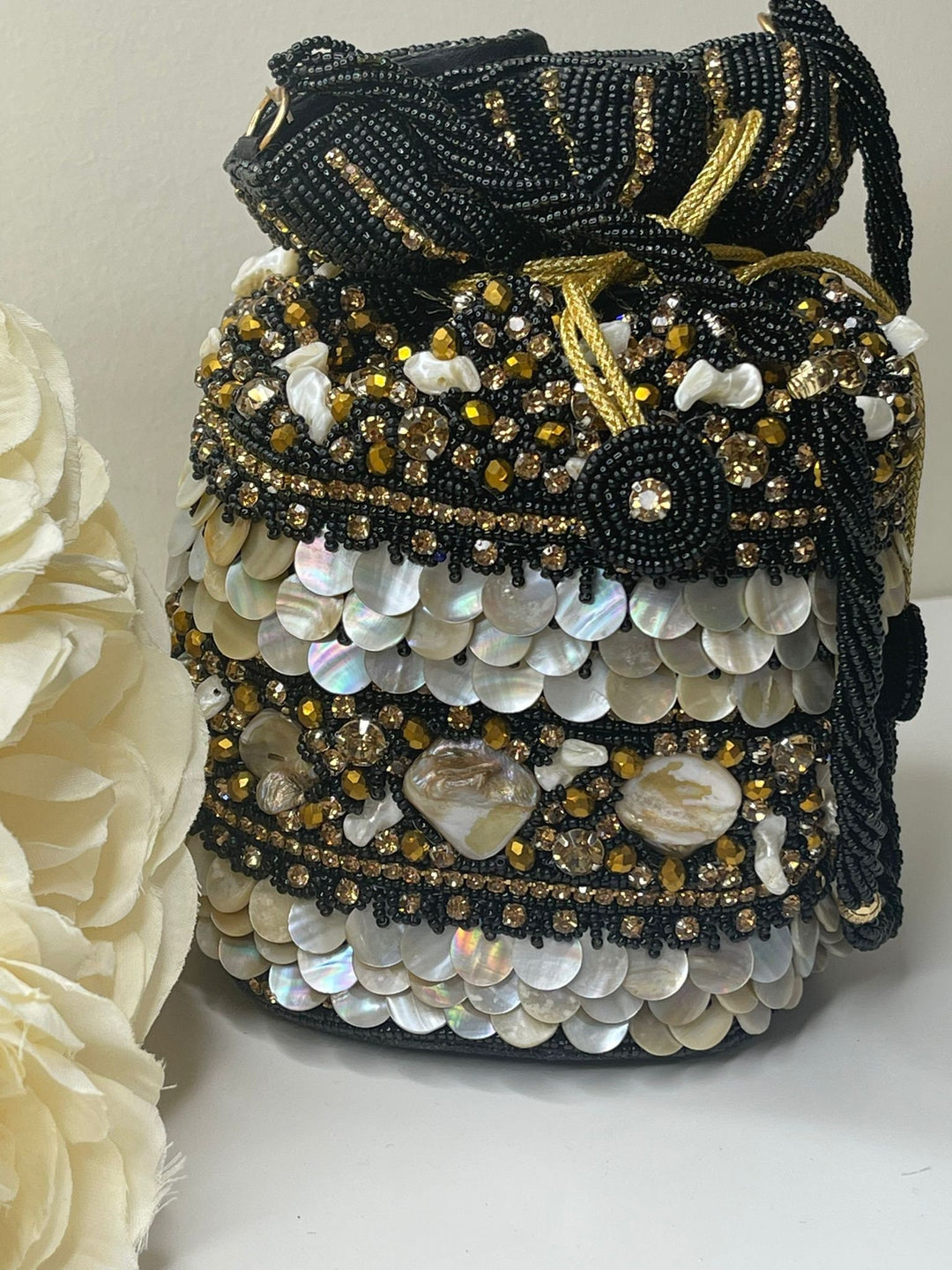 Luxurious Pearl & Glass Bead Embellish Bridesmaid Wedding Purse | Hand Embroidered Evening Drawstring Purse for Woman