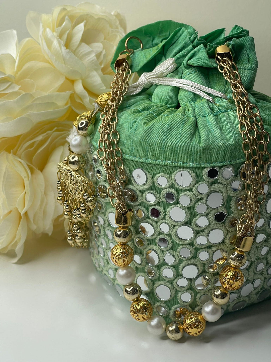 Luxurious Pearl & Glass Bead Embellish Bridesmaid Wedding Purse | Hand Embroidered Evening Drawstring Purse for Woman