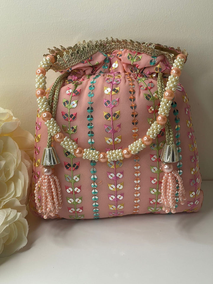Luxurious Pearl & Glass Bead Embellish Bridesmaid Wedding Purse | Hand Embroidered Evening Drawstring Purse for Woman
