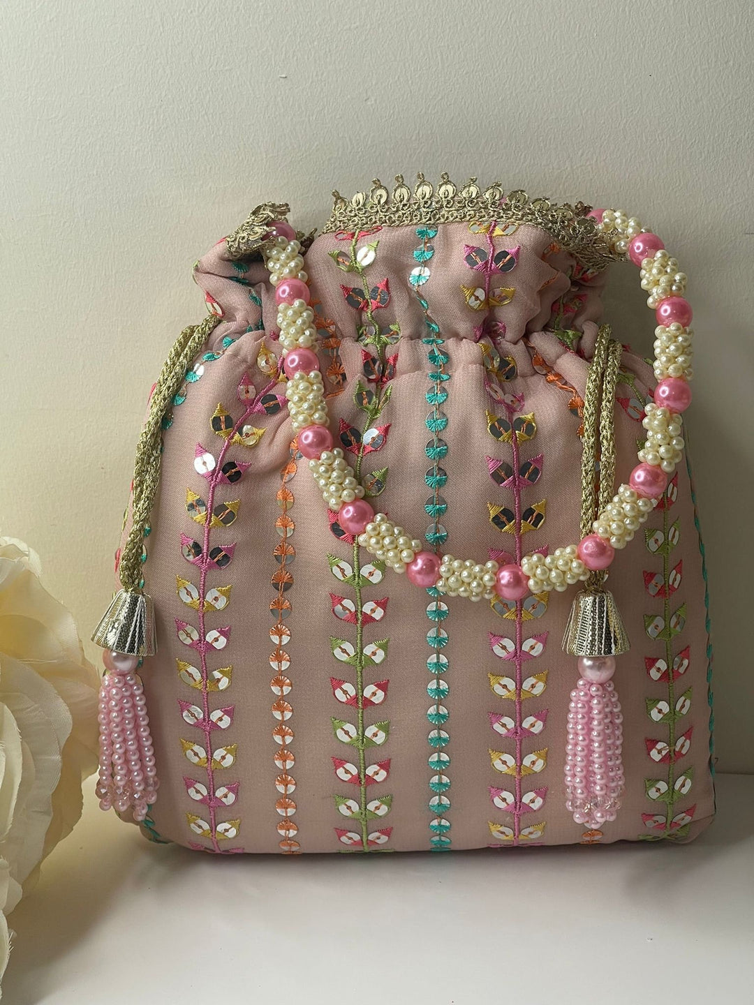 Luxurious Pearl & Glass Bead Embellish Bridesmaid Wedding Purse | Hand Embroidered Evening Drawstring Purse for Woman