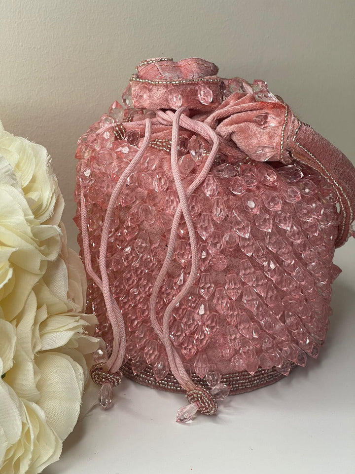 Luxurious Pearl & Glass Bead Embellish Bridesmaid Wedding Purse | Hand Embroidered Evening Drawstring Purse for Woman