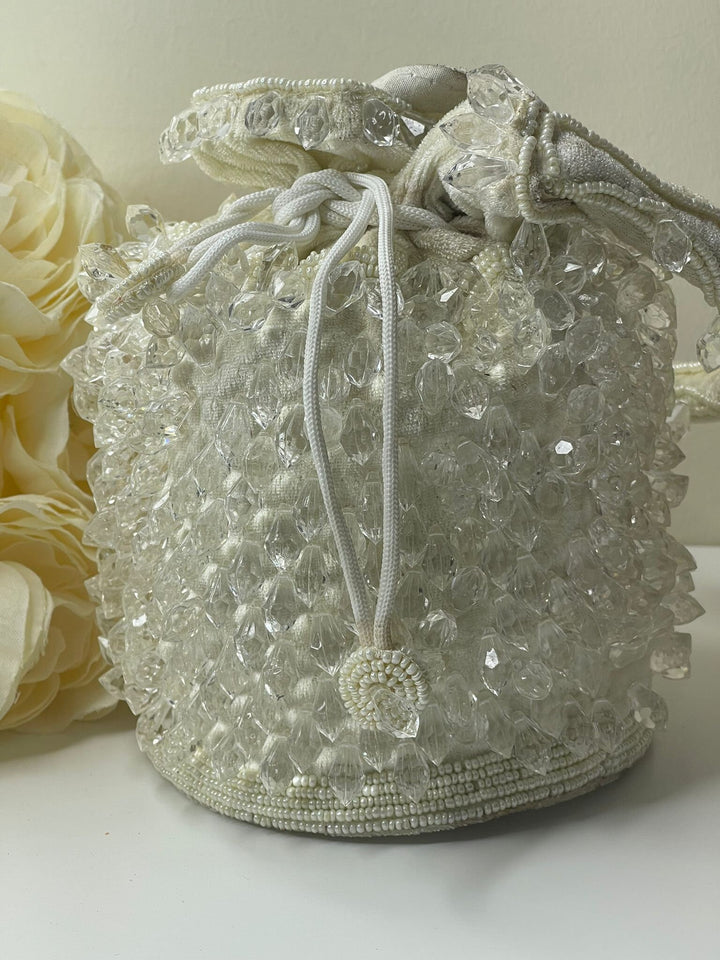 Luxurious Pearl & Glass Bead Embellish Bridesmaid Wedding Purse | Hand Embroidered Evening Drawstring Purse for Woman