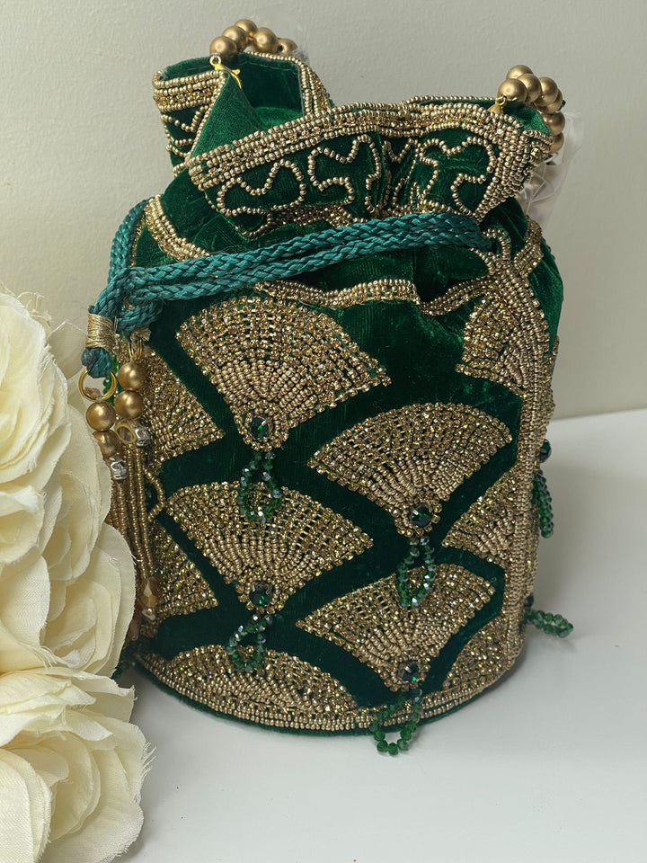 Luxurious Pearl & Glass Bead Embellish Bridesmaid Wedding Purse | Hand Embroidered Evening Drawstring Purse for Woman