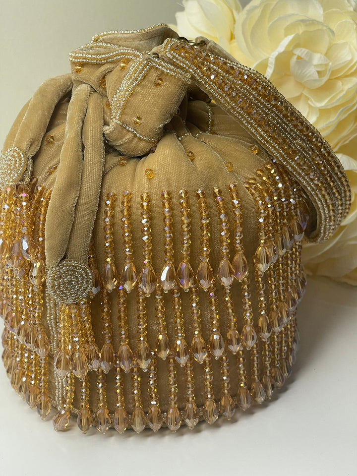 Luxurious Pearl & Glass Bead Embellish Bridesmaid Wedding Purse | Hand Embroidered Evening Drawstring Purse for Woman