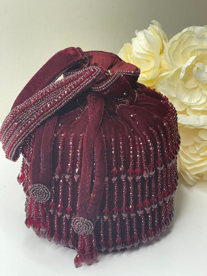 Luxurious Pearl & Glass Bead Embellish Bridesmaid Wedding Purse | Hand Embroidered Evening Drawstring Purse for Woman