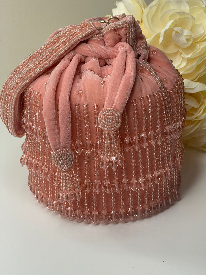 Luxurious Pearl & Glass Bead Embellish Bridesmaid Wedding Purse | Hand Embroidered Evening Drawstring Purse for Woman