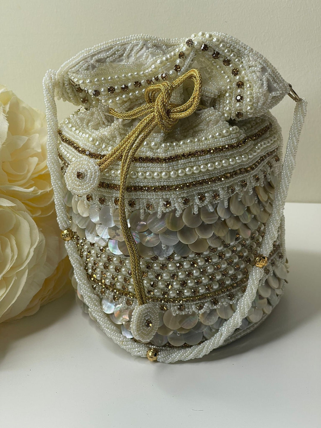 Luxurious Pearl & Glass Bead Embellish Bridesmaid Wedding Purse | Hand Embroidered Evening Drawstring Purse for Woman