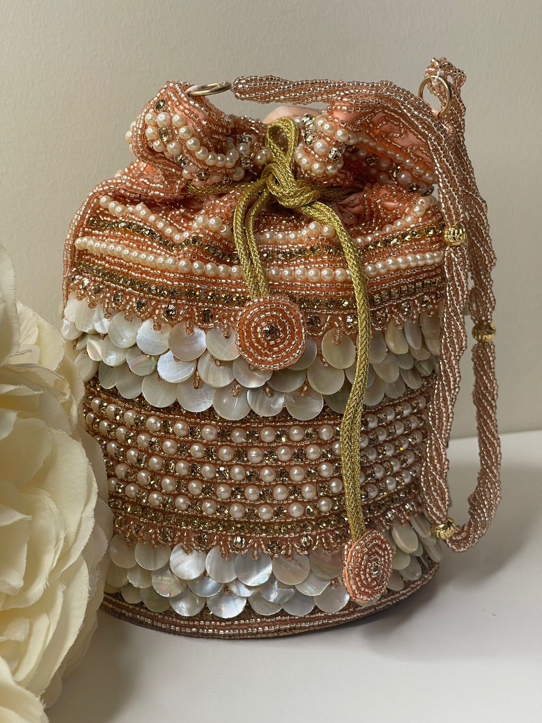 Luxurious Pearl & Glass Bead Embellish Bridesmaid Wedding Purse | Hand Embroidered Evening Drawstring Purse for Woman
