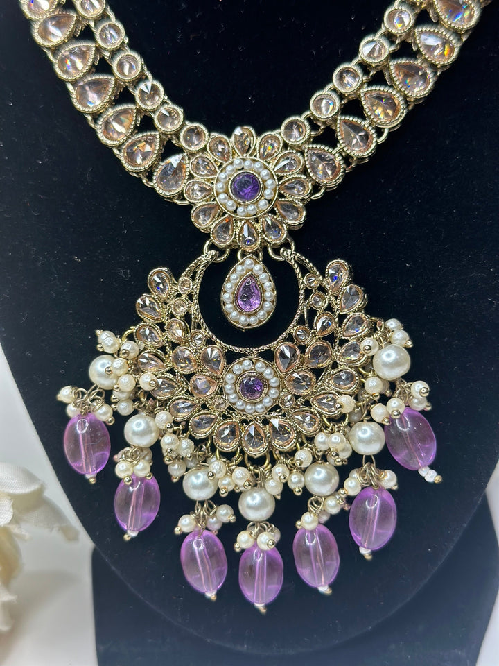 Riya Reverse AD Purple Long Necklace Set