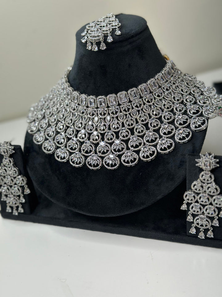 American Diamond silver Necklace with Earrings And Tikka