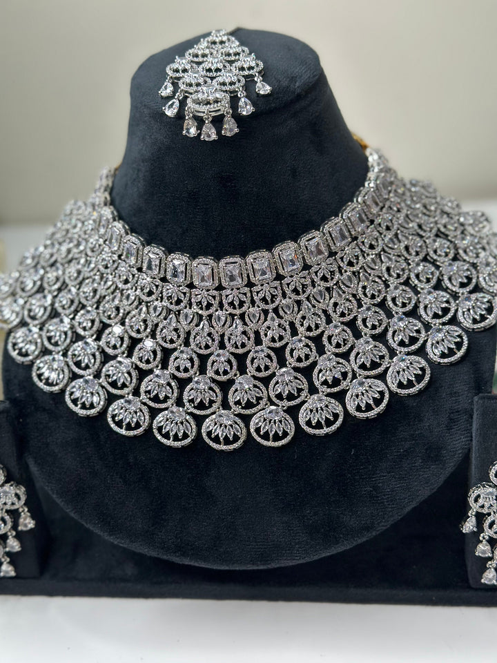 American Diamond silver Necklace with Earrings And Tikka