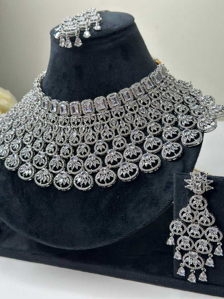 American Diamond silver Necklace with Earrings And Tikka
