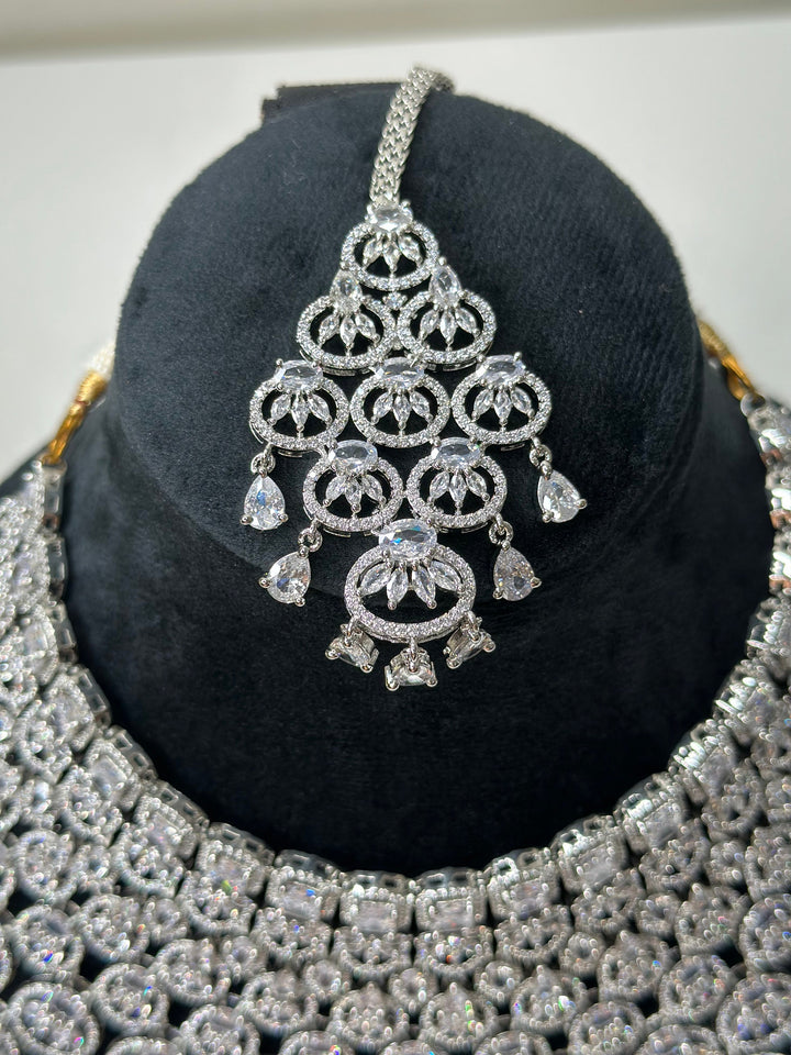 American Diamond silver Necklace with Earrings And Tikka
