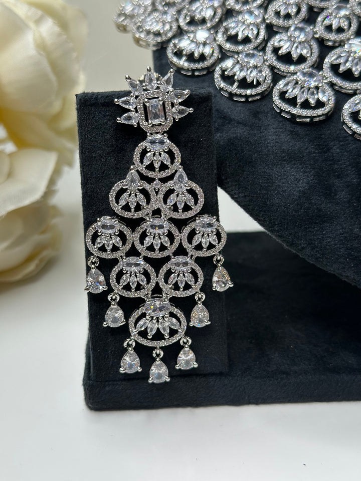 American Diamond silver Necklace with Earrings And Tikka