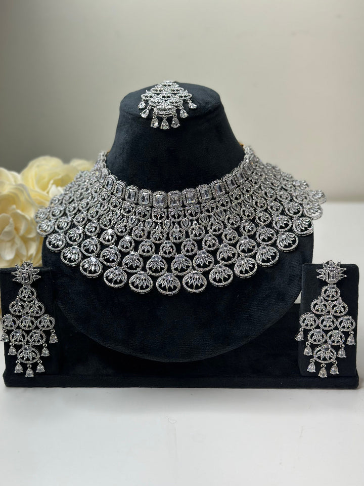 American Diamond silver Necklace with Earrings And Tikka