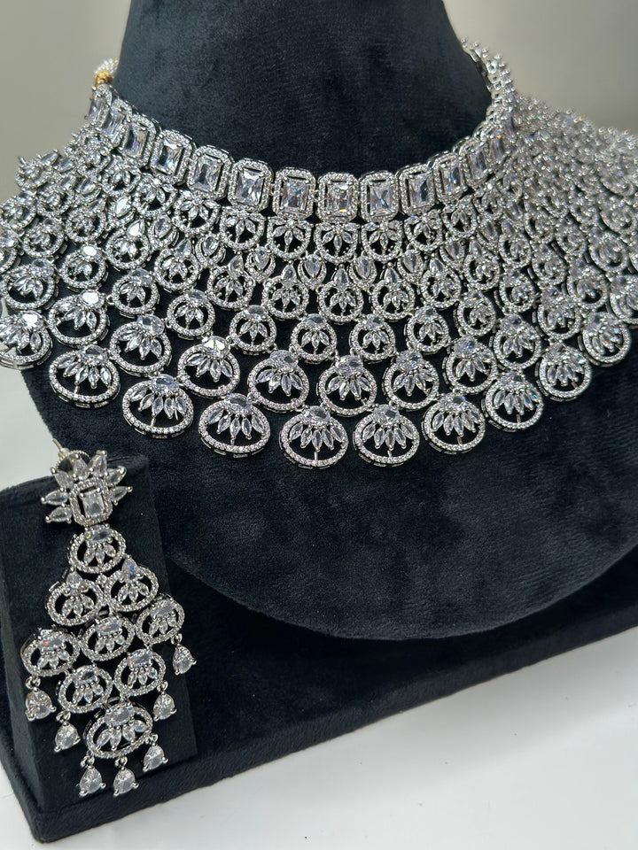 American Diamond silver Necklace with Earrings And Tikka