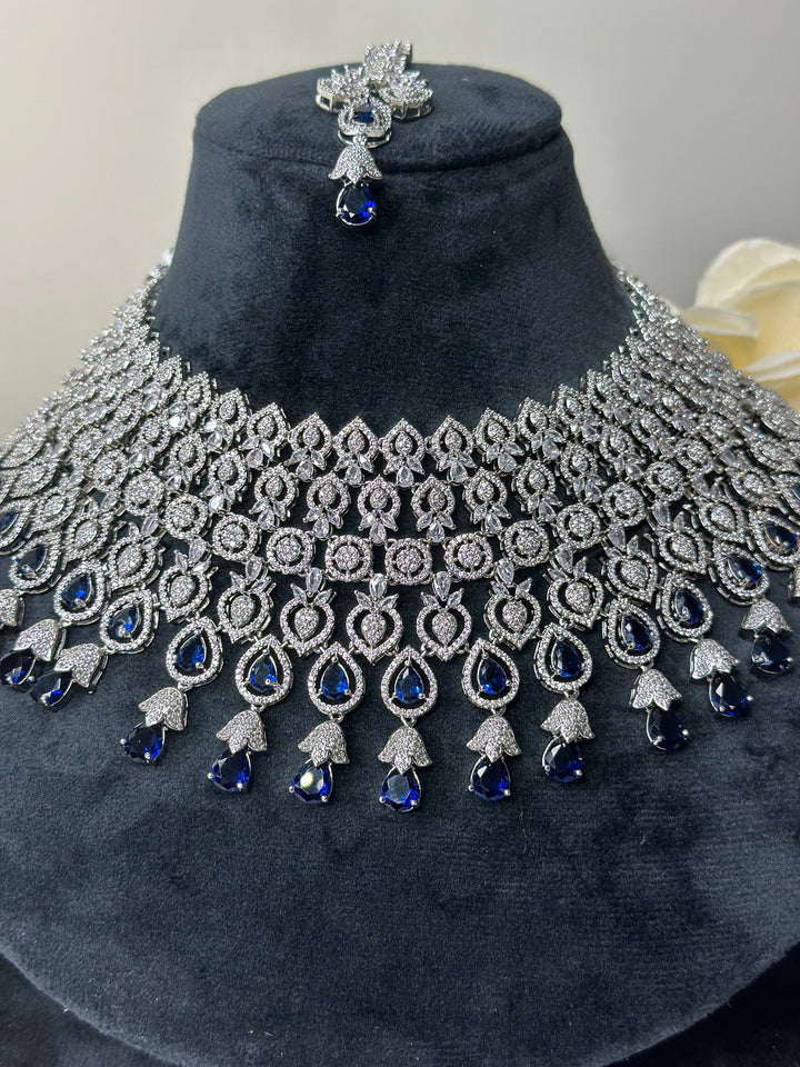 Ava CZ Silver Plating Blue Necklace Set AD Set003