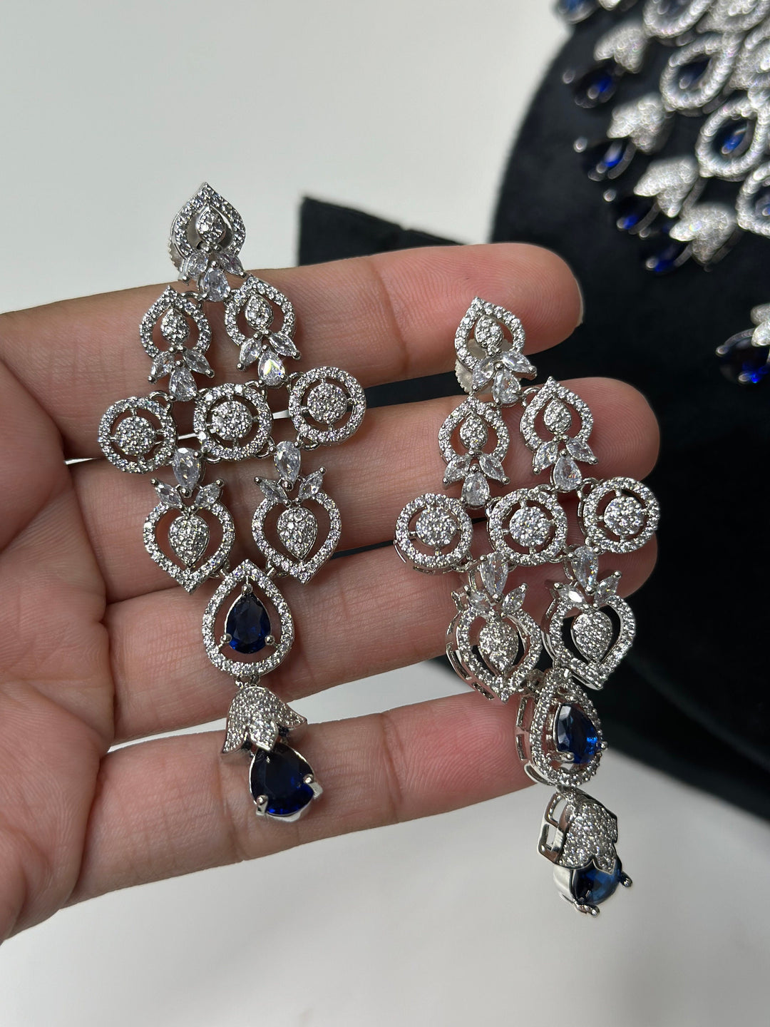 Ava CZ Silver Plating Blue Necklace Set AD Set003