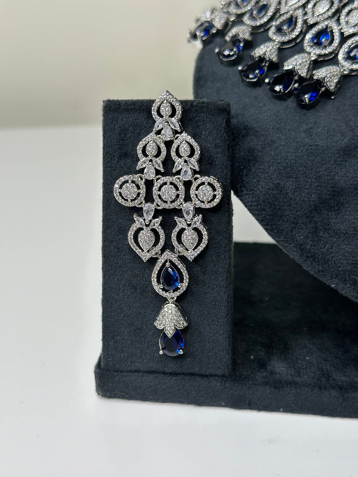 Ava CZ Silver Plating Blue Necklace Set AD Set003