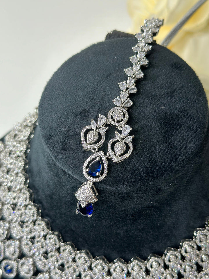 Ava CZ Silver Plating Blue Necklace Set AD Set003
