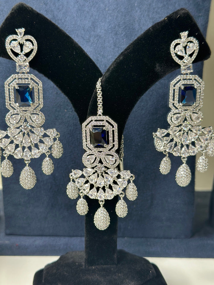 Izhaar American Diamond Silver Earings and tikka set , Indian Maang Tikkat Set With Earrings For Girls And Womens ADET003