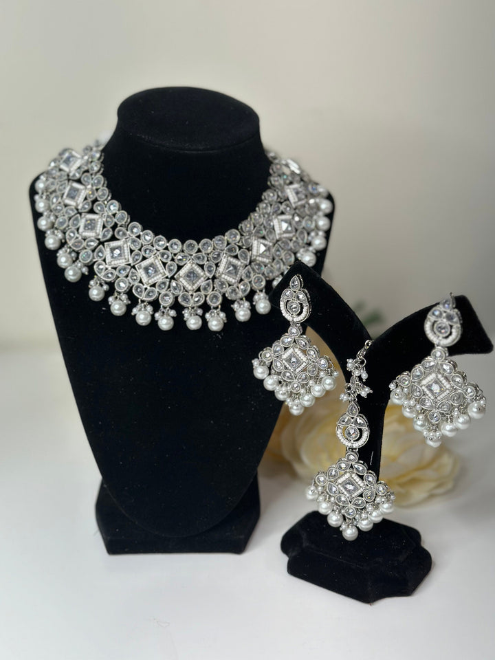 Kajal Reverse Silver Polki AD Necklace Set