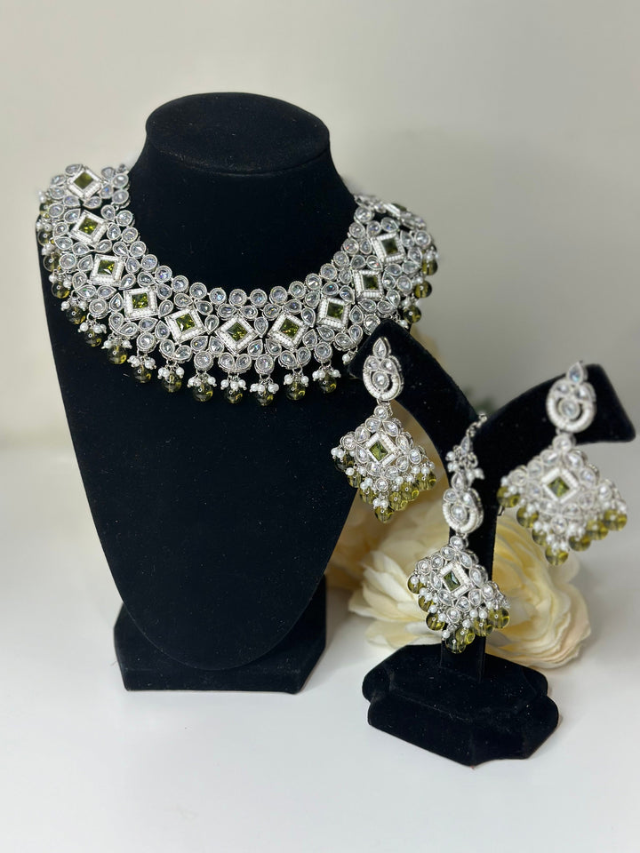 Kajal Reverse Silver Polki AD Necklace Set