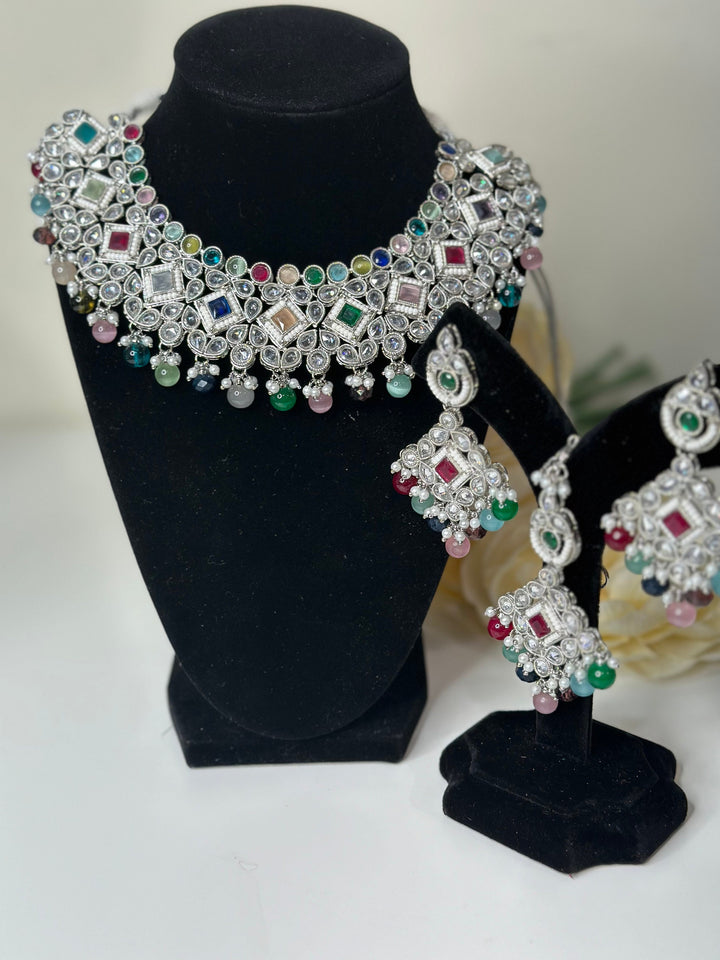 Kajal Reverse Silver Polki AD Necklace Set