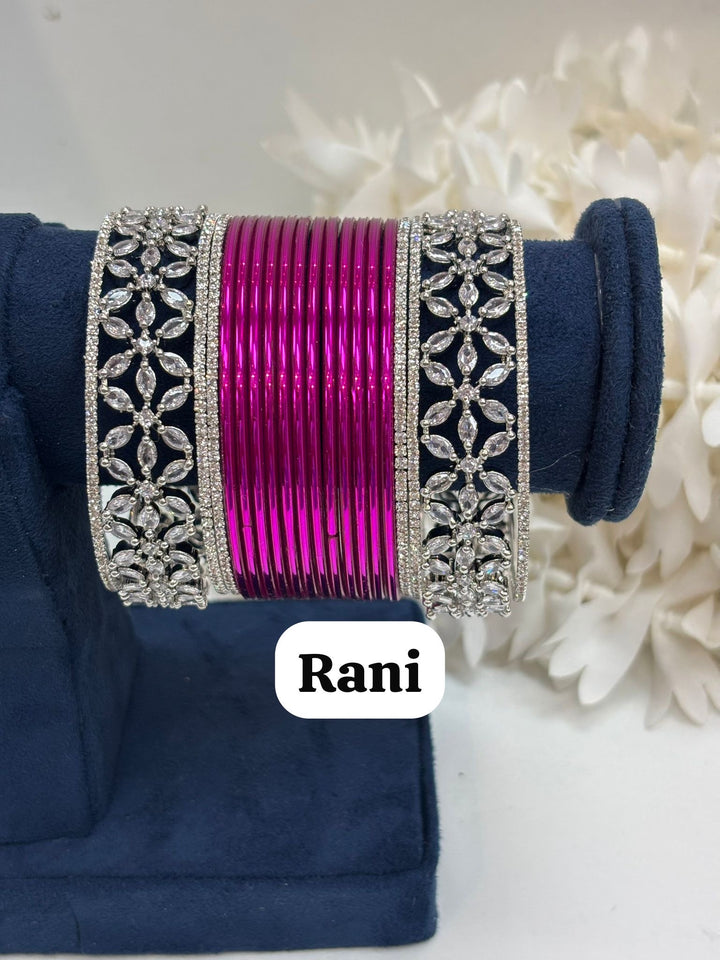 Silver Flower AD Bangles Set Size ( 2-4, 2-6, 2-8 )