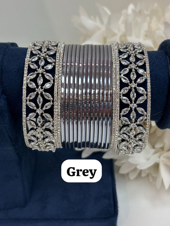 Silver Flower AD Bangles Set Size ( 2-4, 2-6, 2-8 )