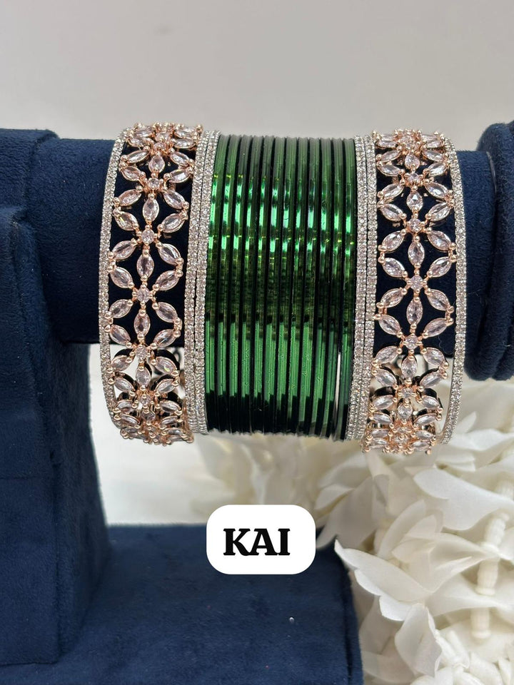 Rose Gold Flower AD Bangles Set Size ( 2-4, 2-6, 2-8 )