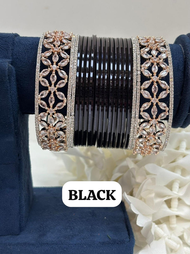 Rose Gold Flower AD Bangles Set Size ( 2-4, 2-6, 2-8 )