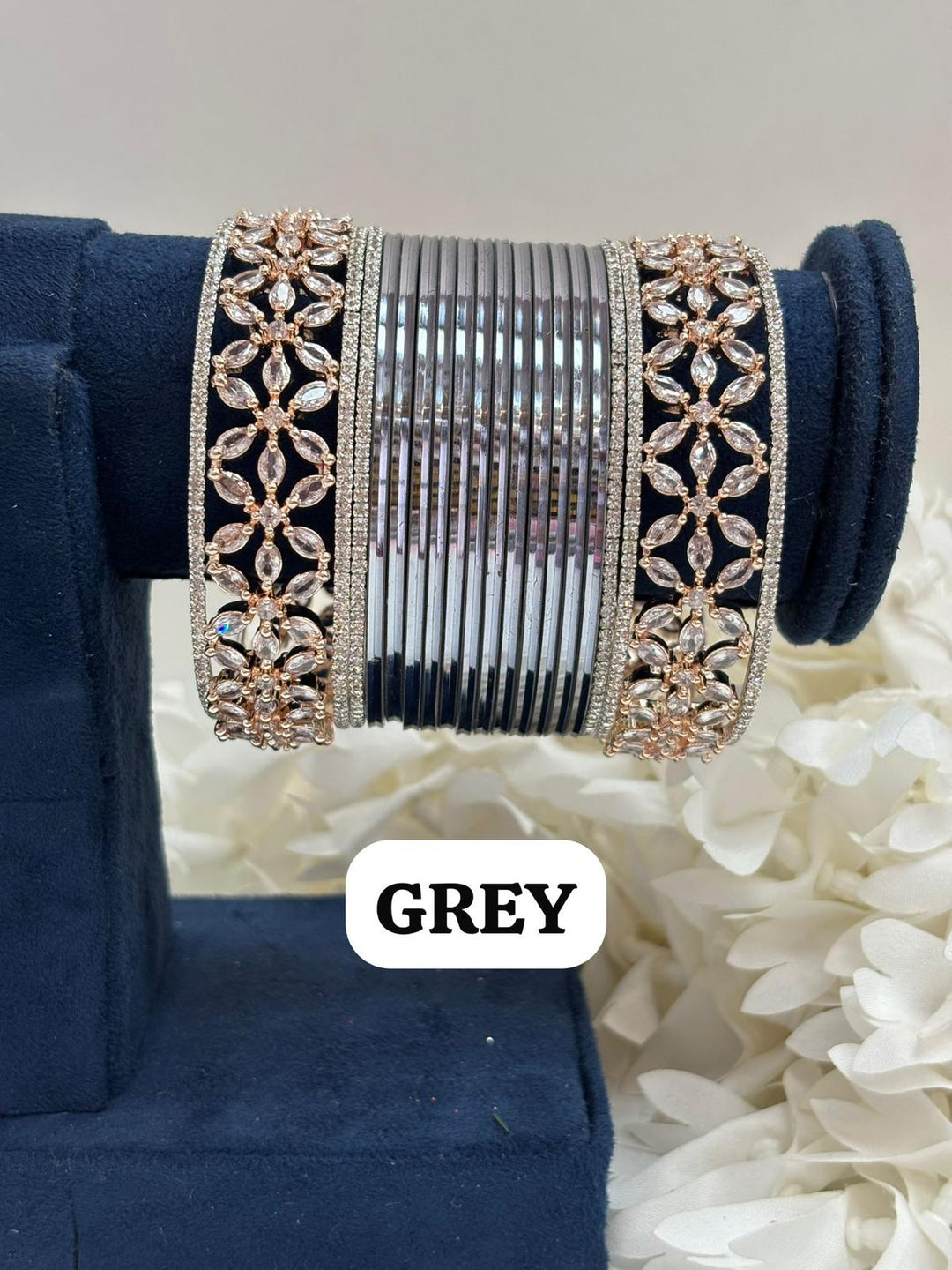 Rose Gold Flower AD Bangles Set Size ( 2-4, 2-6, 2-8 )