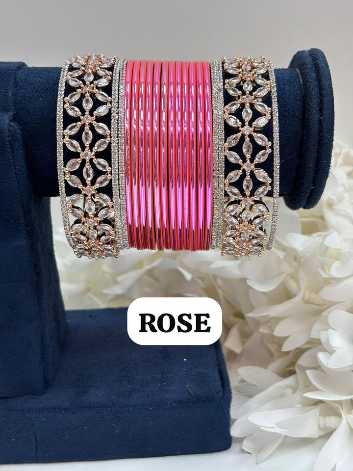 Rose Gold Flower AD Bangles Set Size ( 2-4, 2-6, 2-8 )